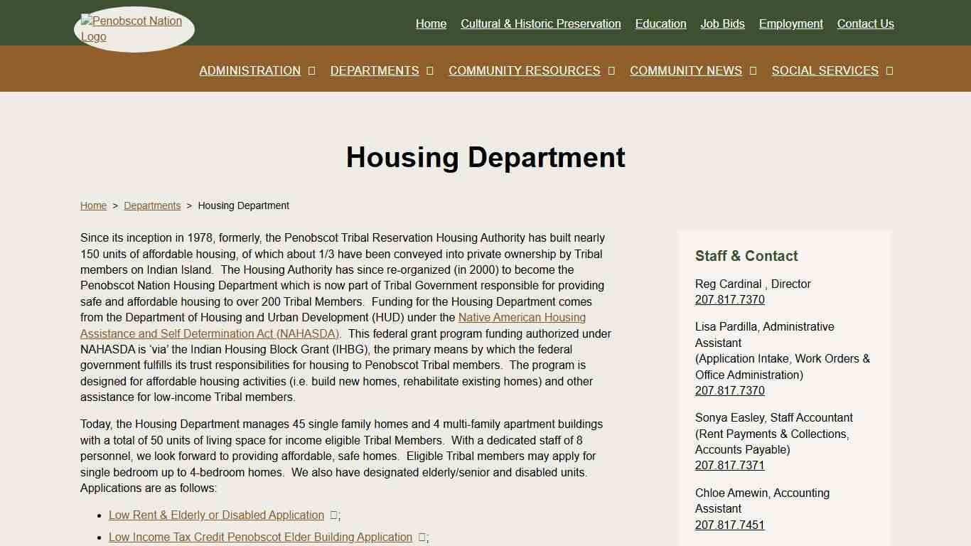Housing Department Penobscot Nation Indian Island, Maine